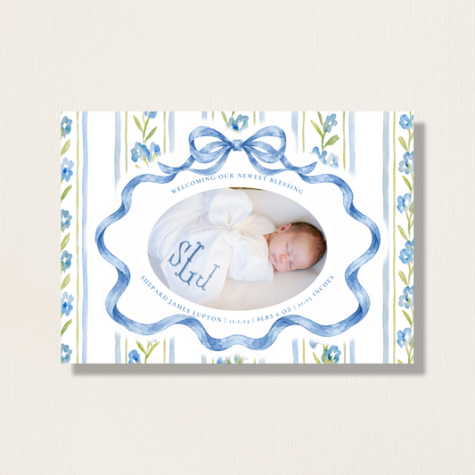 Birth Announcement Watercolor Bow Holiday Photo Card (Blue)