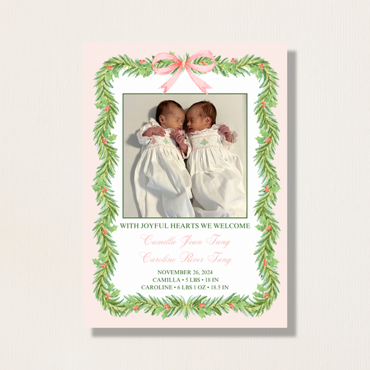 Birth Announcement Watercolor Garland Holiday Photo Card