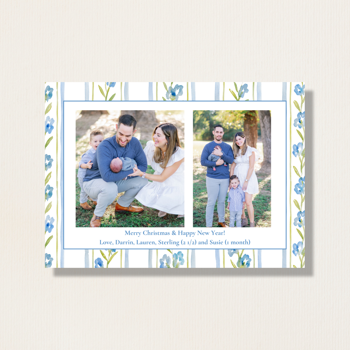 Birth Announcement Watercolor Bow Holiday Photo Card (Blue)