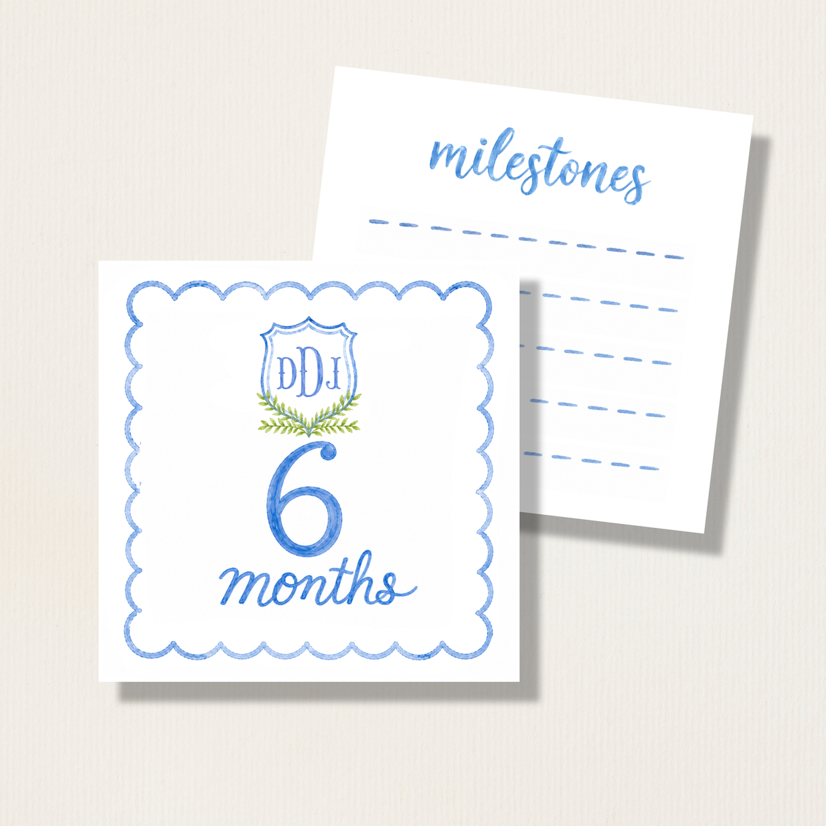 Hand Painted Watercolor Baby Monthly Milestone Cards with Custom Initial Crest