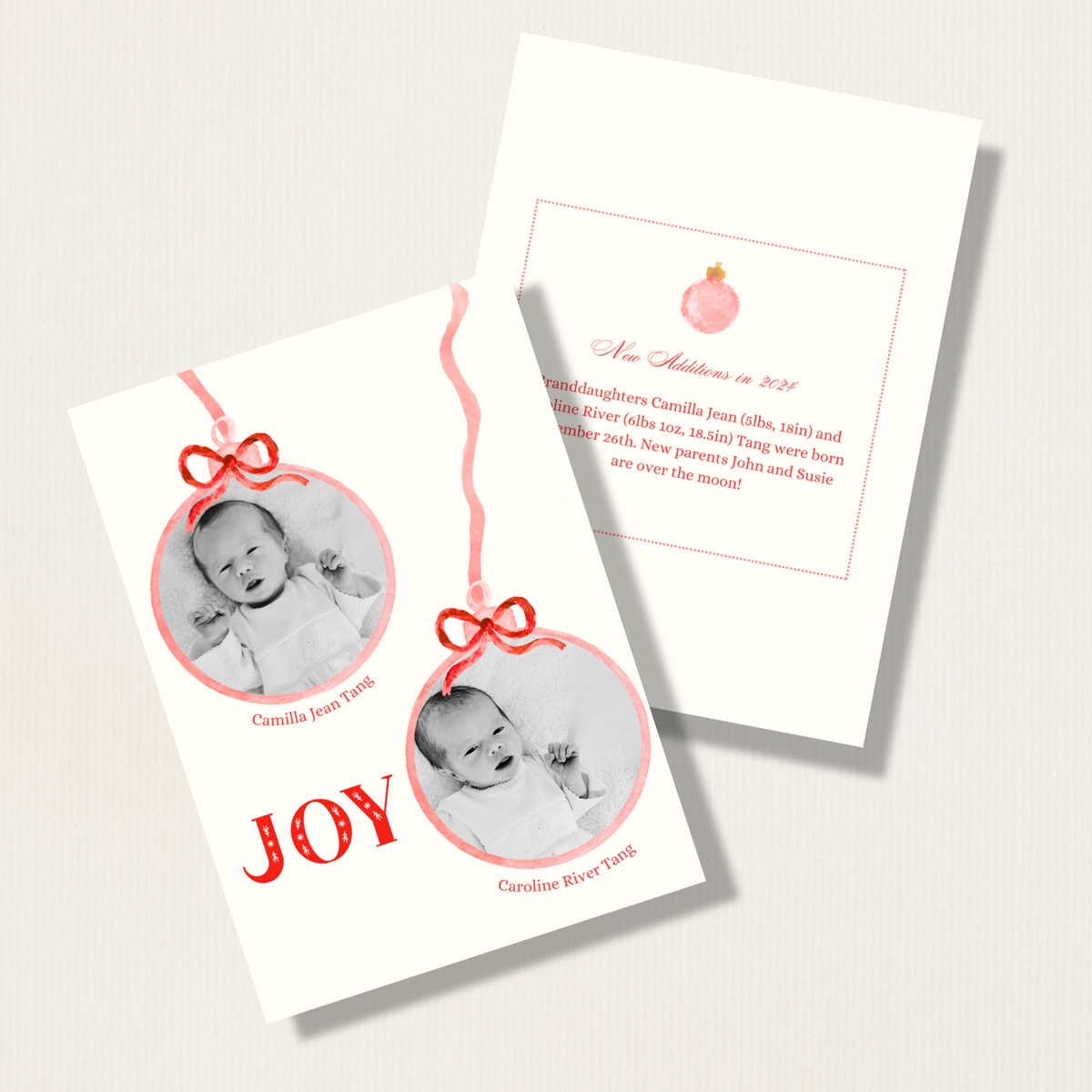 Watercolor Ornaments Twins Birth Announcement Holiday Photo Card