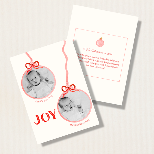 Watercolor Ornaments Twins Birth Announcement Holiday Photo Card