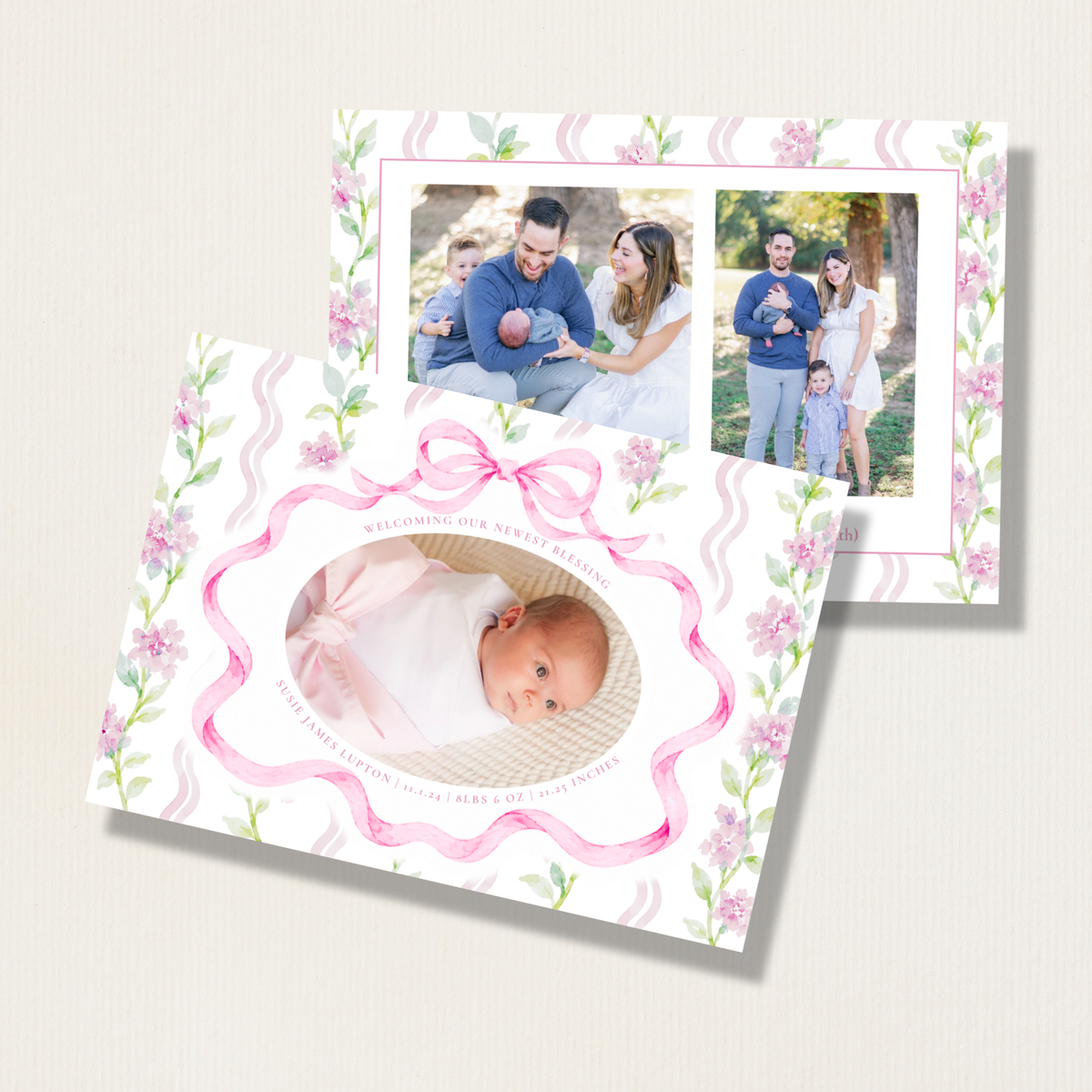 Birth Announcement Watercolor Bow Holiday Photo Card (Pink)