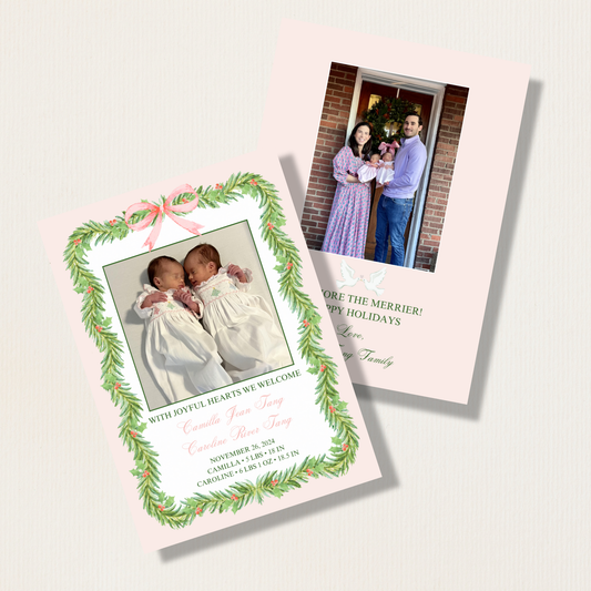 Birth Announcement Watercolor Garland Holiday Photo Card
