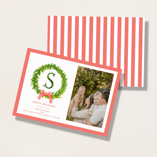 Watercolor Monogram Wreath Christmas Photo Card
