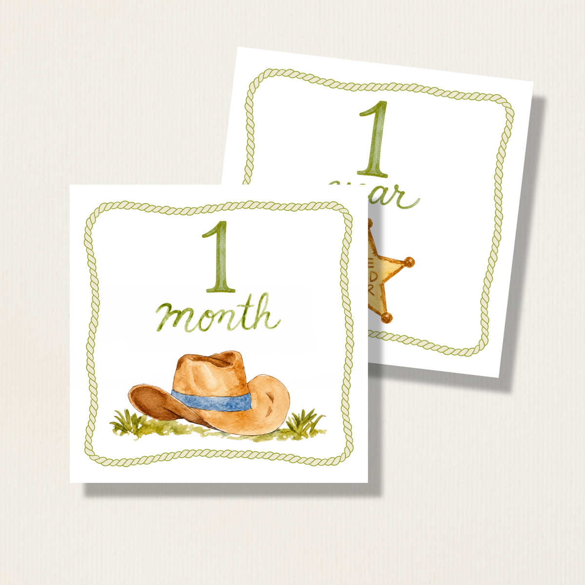 Hand Painted Western Theme Watercolor Baby Monthly Milestone Cards