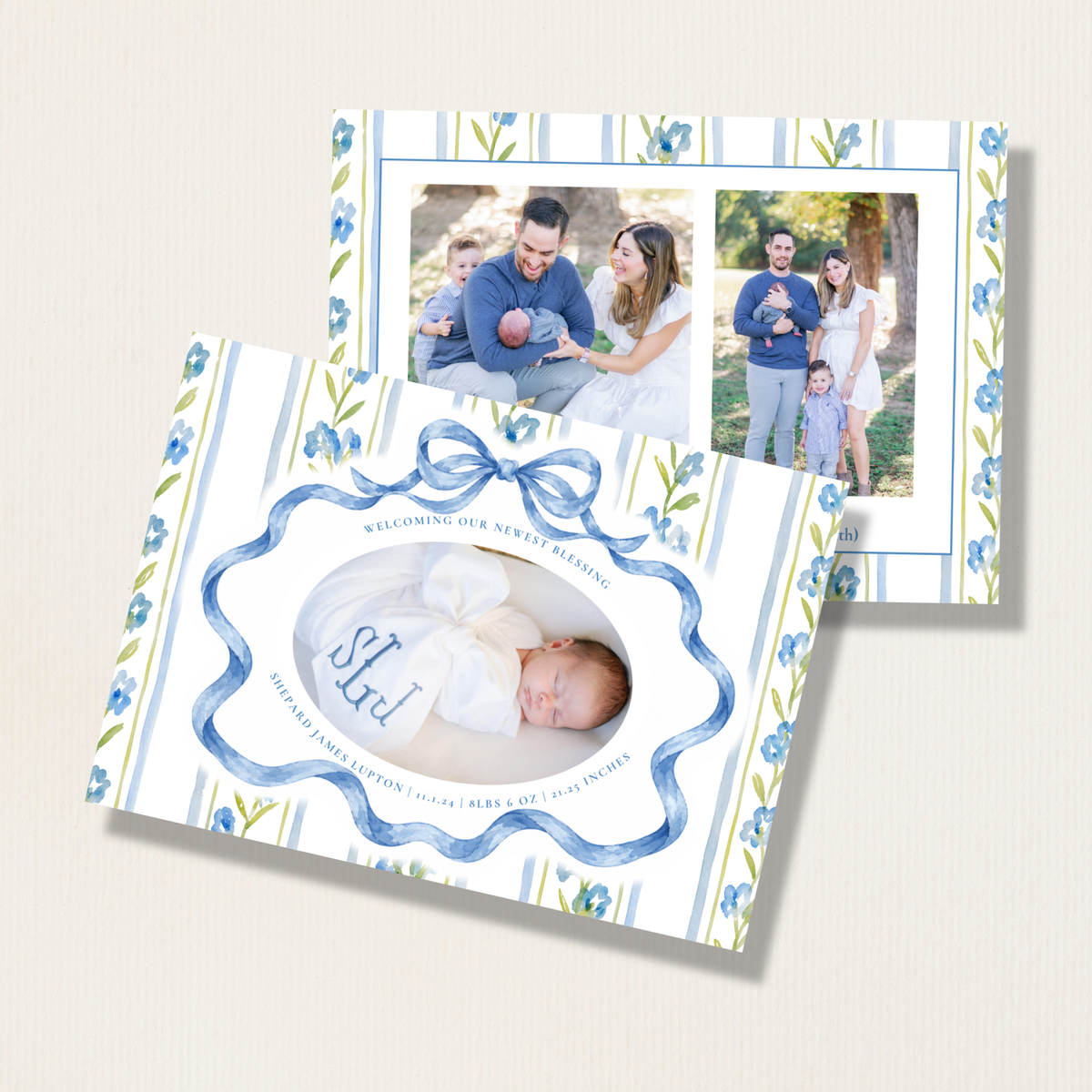 Birth Announcement Watercolor Bow Holiday Photo Card (Blue)