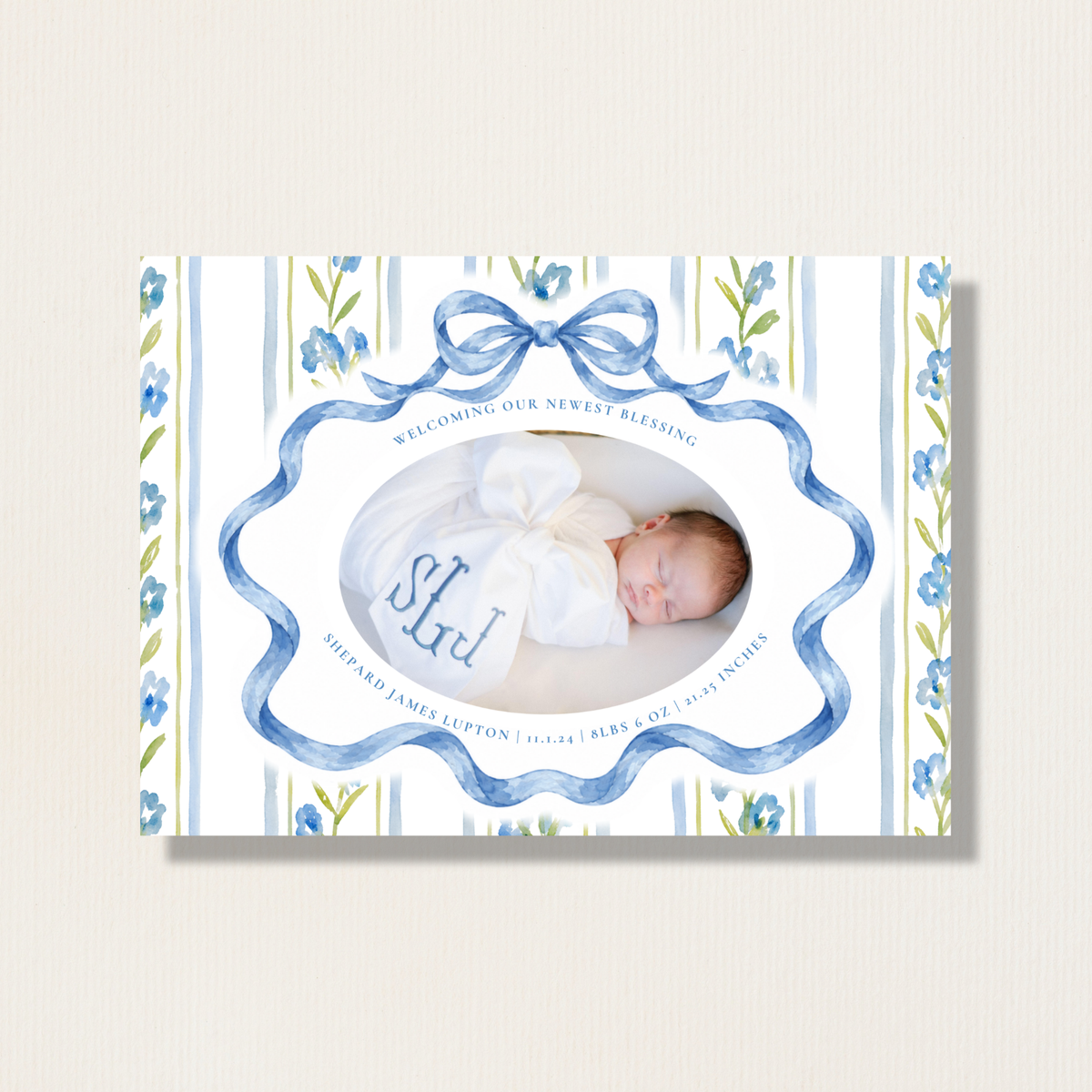 Birth Announcement Watercolor Bow Holiday Photo Card (Blue)