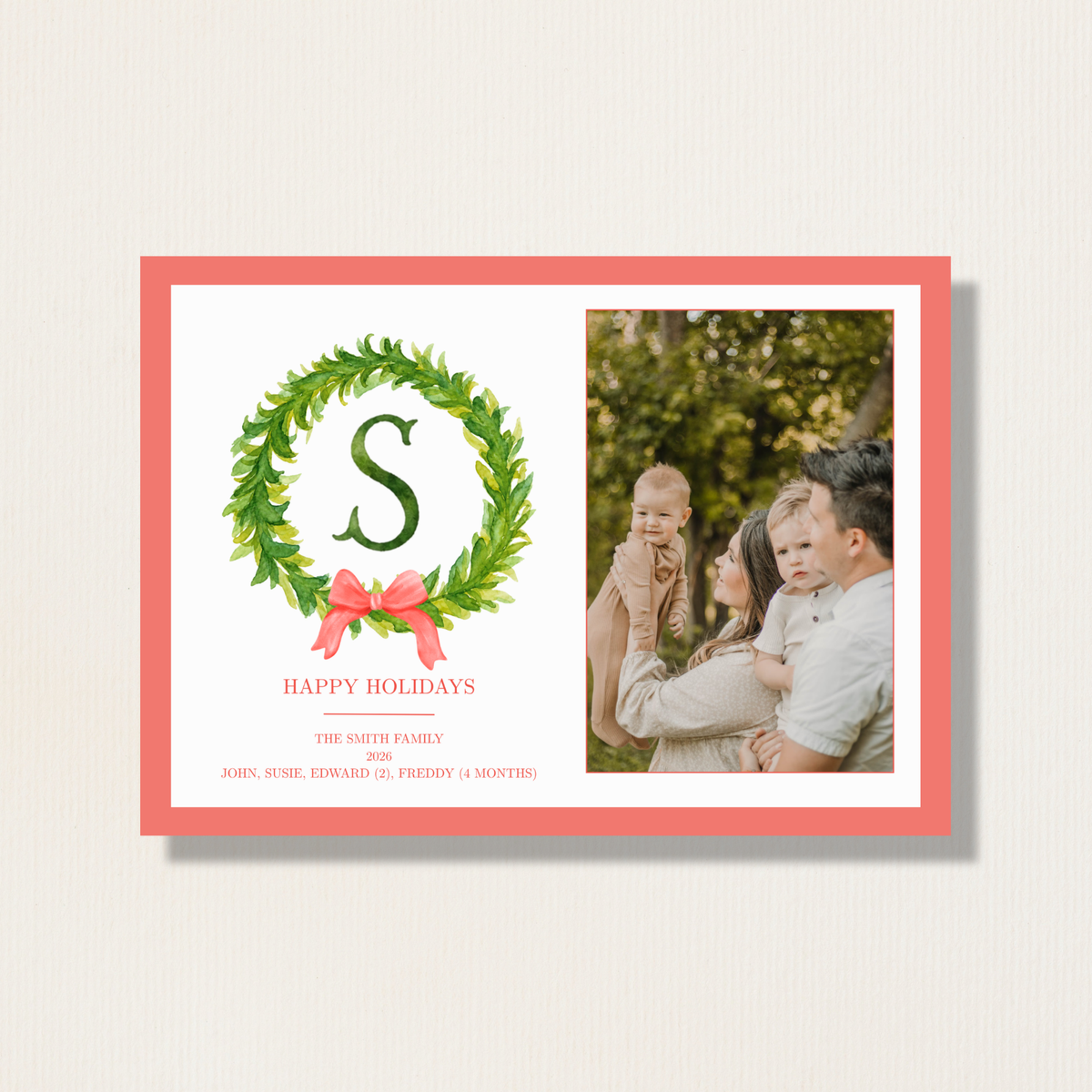 Watercolor Monogram Wreath Christmas Photo Card