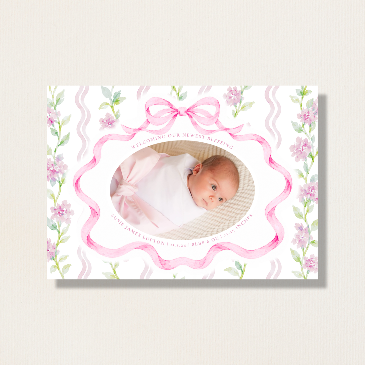 Birth Announcement Watercolor Bow Holiday Photo Card (Pink)