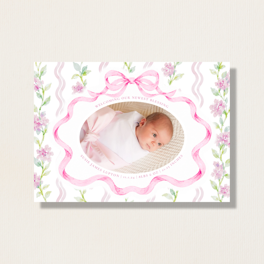 Birth Announcement Watercolor Bow Holiday Photo Card (Pink)