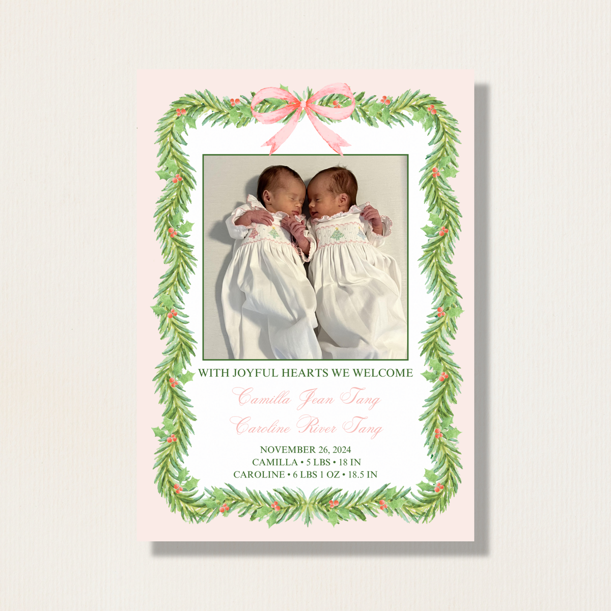 Birth Announcement Watercolor Garland Holiday Photo Card
