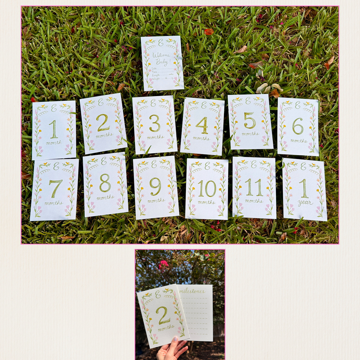 Hand Painted Whimsical Watercolor Baby Monthly Milestone Cards with Custom Initial