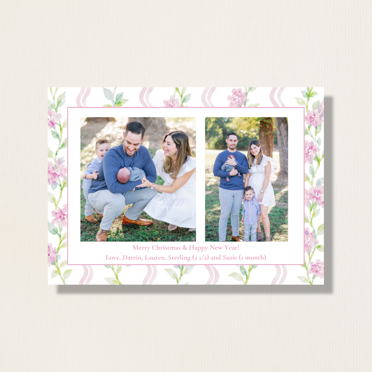 Birth Announcement Watercolor Bow Holiday Photo Card (Pink)