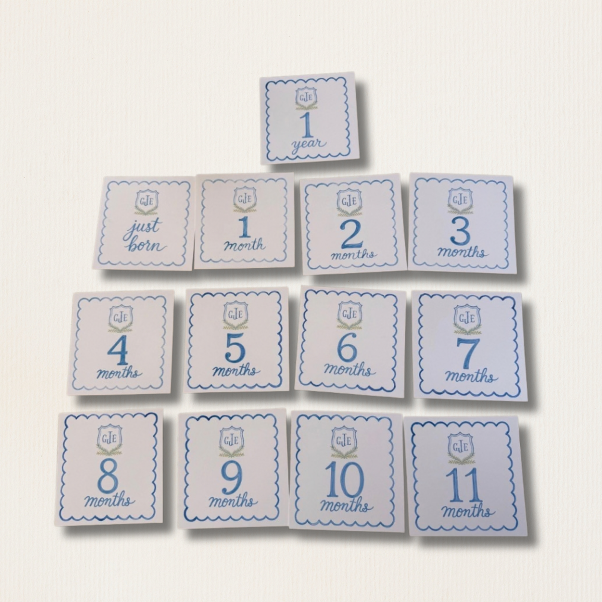 Hand Painted Watercolor Baby Monthly Milestone Cards with Custom Initial Crest