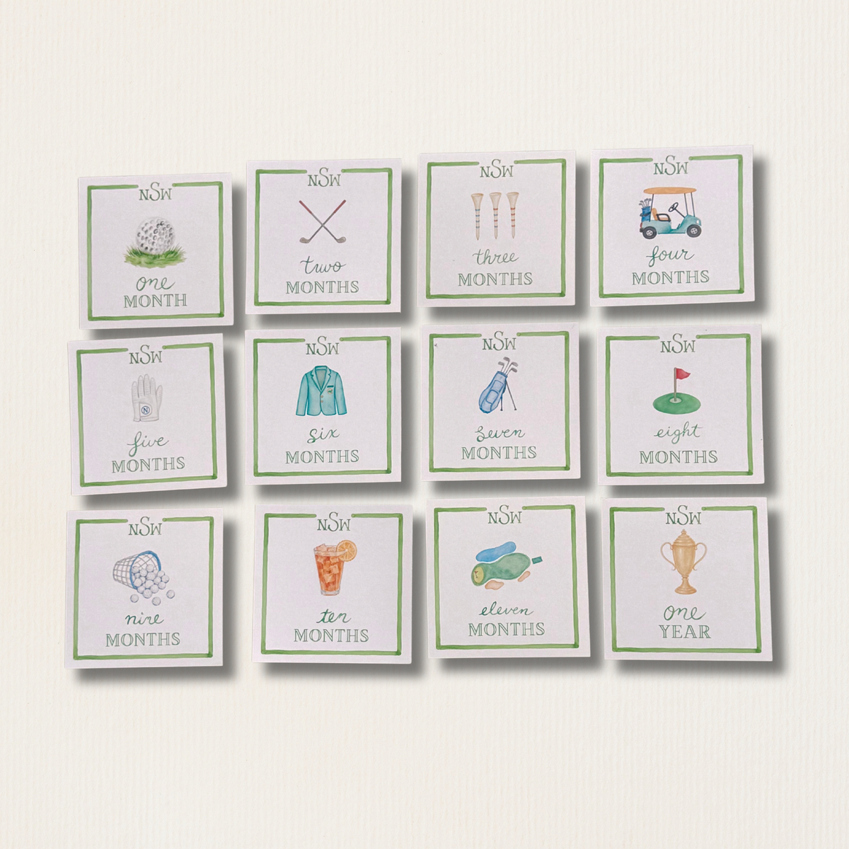 Hand Painted Watercolor Golf Themed Baby Monthly Milestone Cards