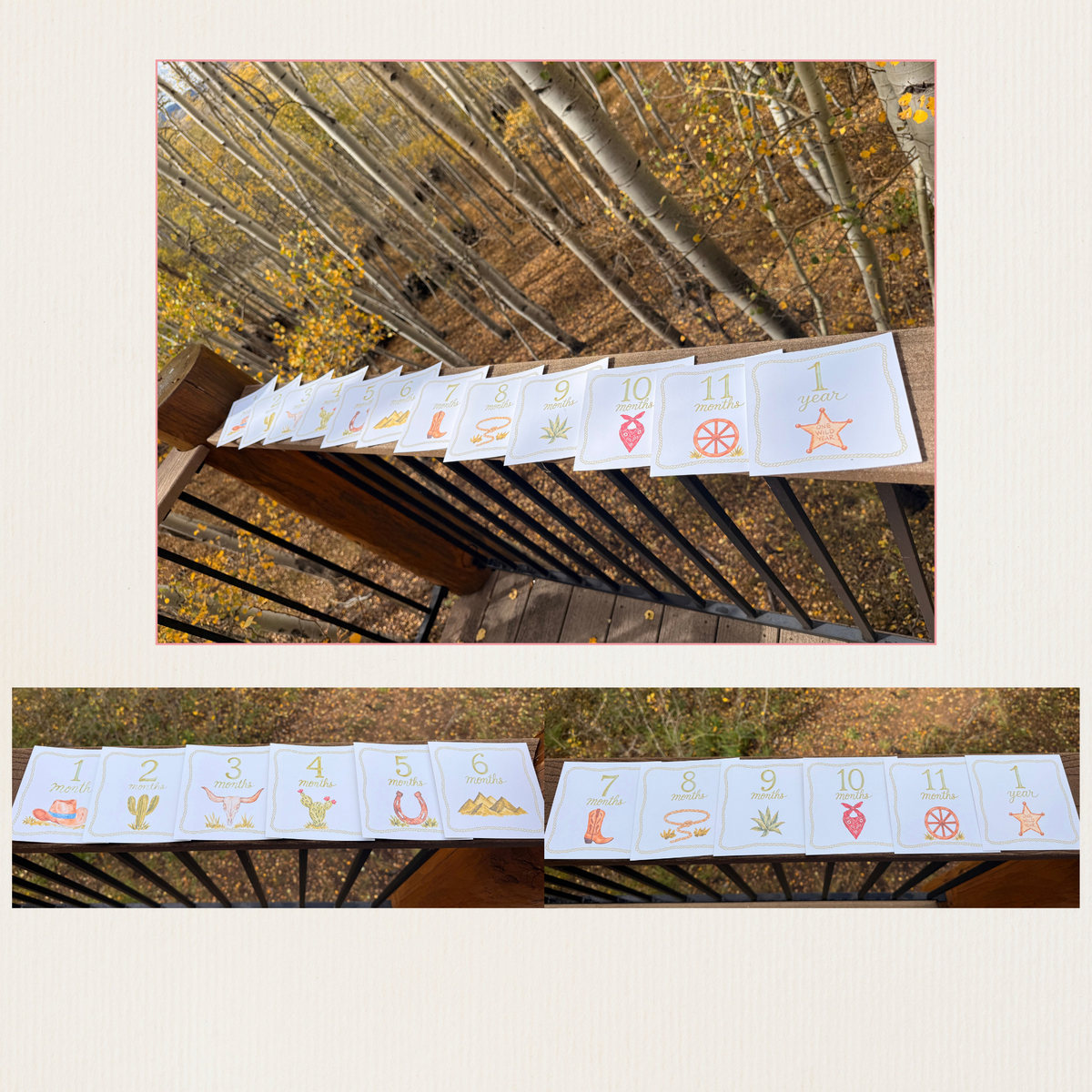 Hand Painted Western Theme Watercolor Baby Monthly Milestone Cards