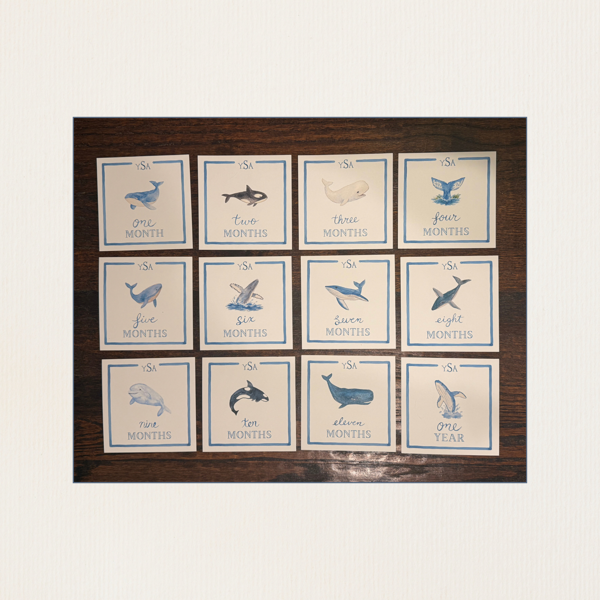 Hand Painted Watercolor Whales Baby Monthly Milestone Cards