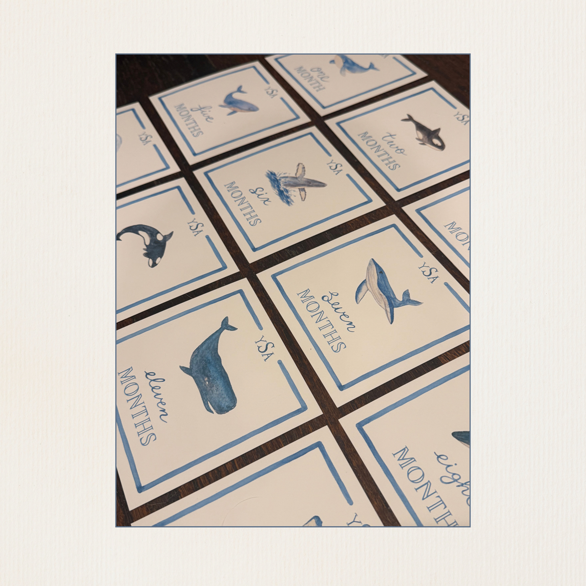Hand Painted Watercolor Whales Baby Monthly Milestone Cards